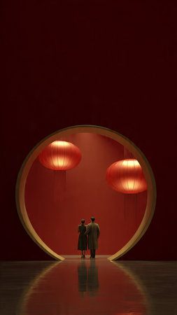 3d rendering of a couple standing in front of a red wall