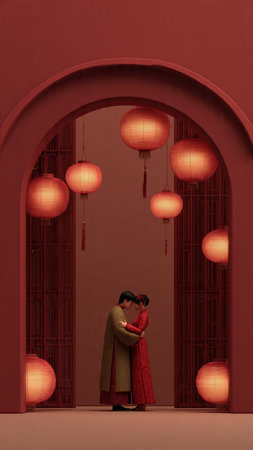 Asian woman in a red coat and red coat standing in front of an arch with Chinese lanternsの写真素材