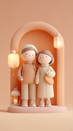Couple of dolls in the interior of the room with lanterns