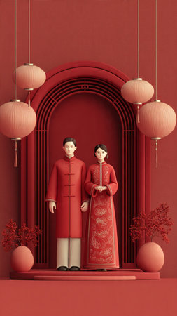 Chinese New Year, couple in traditional clothes, 3d rendering.の写真素材
