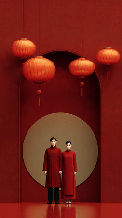 Chinese couple in traditional dress with lanterns on the red wall background