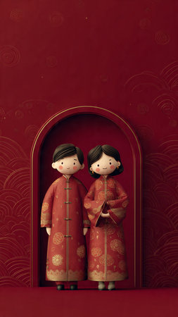 Chinese New Year greeting card with couple in traditional clothes and red doorの写真素材