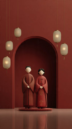 3d illustration of a couple in front of a door with chinese lanternsの写真素材