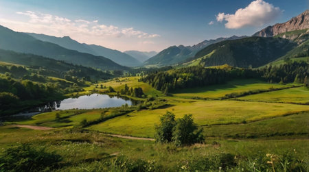 A calm lake surrounded by tall evergreen trees.