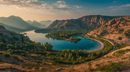 A wide green meadow stretching toward distant hills.の写真素材