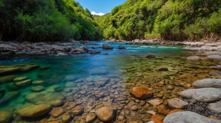A misty waterfall surrounded by green cliffs.の写真素材