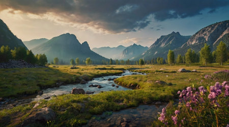 A peaceful grassland swaying in the wind.