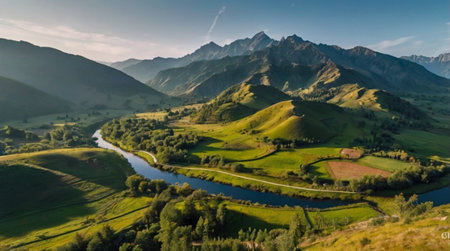 A calm river reflecting the bright blue sky.の写真素材