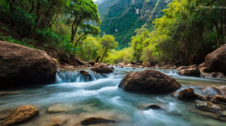 A deep canyon with layered rock formations.の写真素材