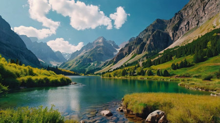 A deep blue lake under a clear sky.