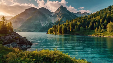 A calm bay surrounded by rocky cliffs.の写真素材