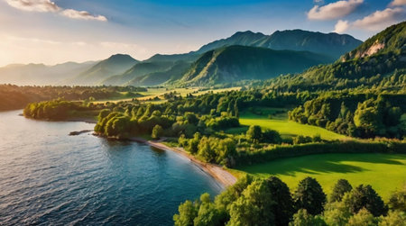 A peaceful lake reflecting colorful autumn trees.の写真素材
