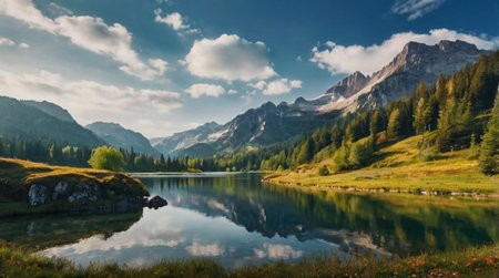 The glowing sky reflected on a calm mountain lake.