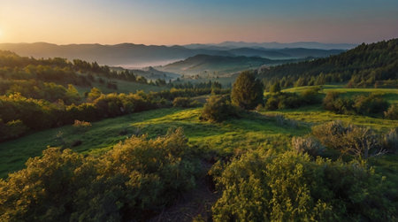 A peaceful forest filled with birds and sunlight.の写真素材