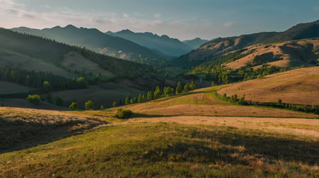 A golden sunrise lighting up the countryside.の写真素材