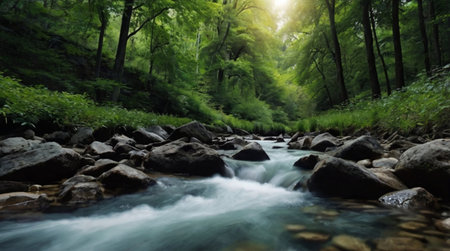 A peaceful forest clearing filled with sunlight.