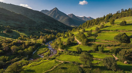 A mountain valley wrapped in morning fog.の写真素材