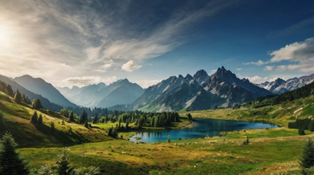 A bright blue sky above a serene mountain valley with a tranquil lake.