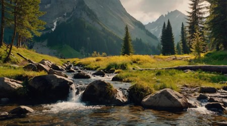 A peaceful hillside covered with green grass and a small river flowing through it.