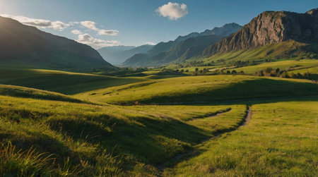 A misty forest filled with tall ancient trees.の写真素材