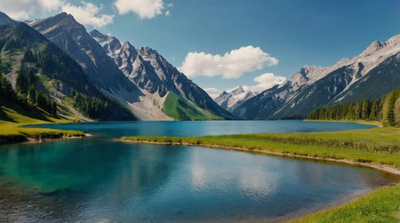 A serene lake surrounded by lush mountains.