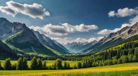 A quiet valley with a flowing river.の写真素材