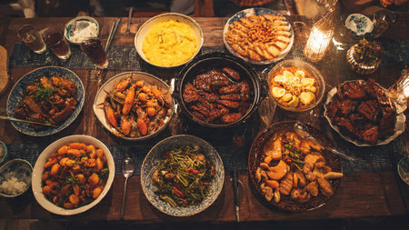 Dinner table with different food and drinks in restaurant, top view