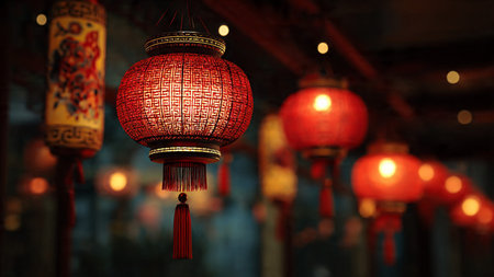 Chinese lanterns in Chinese temple, closeup of photo with soft focus