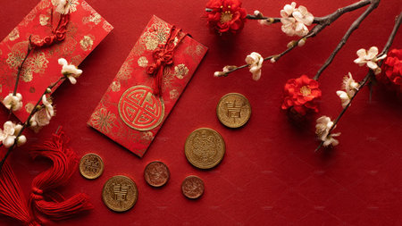 Chinese New Year decoration with red envelopes and gold ingots on red backgroundの写真素材