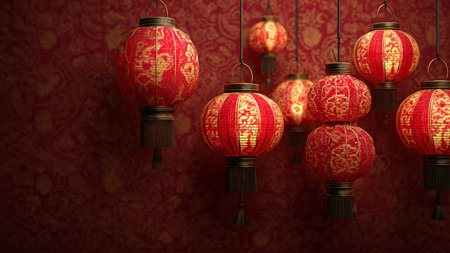 3d rendering of red chinese lanterns hanging on the wall