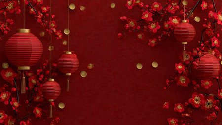 Chinese New Year background with red paper lanterns and plum blossom.