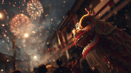 Chinese New Year celebration in Beijing, China. Fireworks and dragonの写真素材