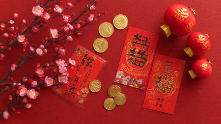 Chinese New Year or lunar new year decoration on red paper background.の写真素材
