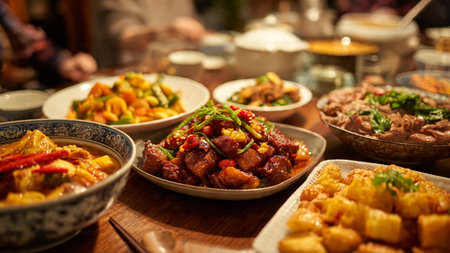 Closeup of a group of different Chinese dishes on a wooden tableの写真素材