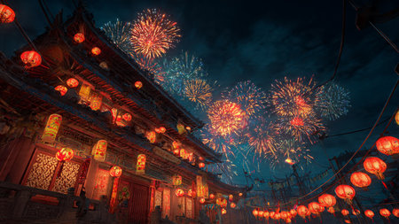 Chinese New Year festive street scene with lantern decorationsの写真素材
