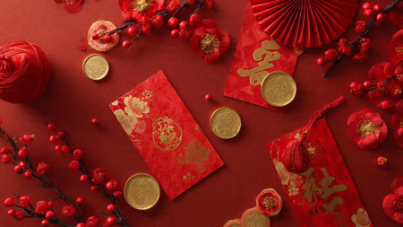 Luxury Chinese New Year background with red silk texture and golden dragon decoration, glowing...