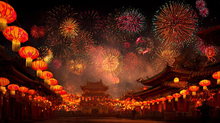 Chinese New Year lanterns hanging on traditional wooden building