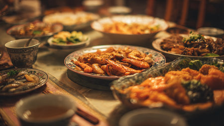Chinese New Year flat lay with red envelopes, gold coins and plum blossoms