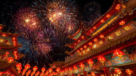 Chinese New Year festive dragon illustration with glowing golden detailsの写真素材