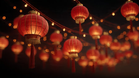 Chinese New Year temple decorated with lanterns and banners