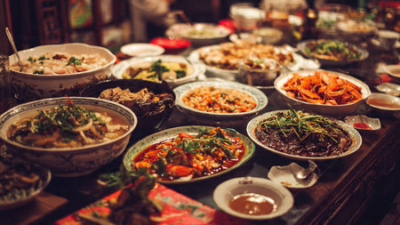 Chinese New Year festive table with traditional tea set and lucky decorations