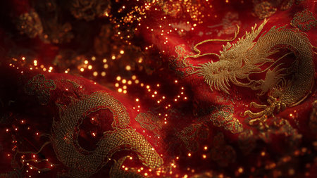 Chinese New Year elegant red silk banner with gold dragon