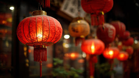 Chinese New Year festive night celebration with fireworks and lanternsの写真素材