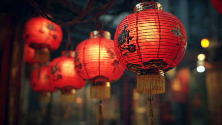 Chinese New Year decorative background with plum blossoms and gold particles