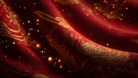 Red silk fabric with golden paisley pattern, close-upの写真素材