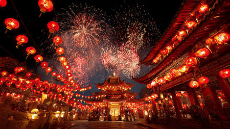 Chinese New Year family reunion dinner table filled with traditional Chinese dishes, warm joyful celebration atmosphereの写真素材