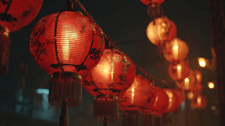 Chinese lanterns in a temple in Hoi An, Vietnam.の写真素材