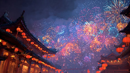 Chinese New Year temple festival with glowing lanternsの写真素材