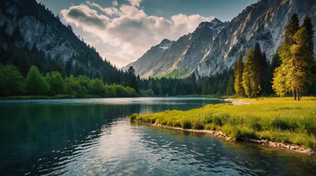 A scenic mountain landscape with dramatic clouds.