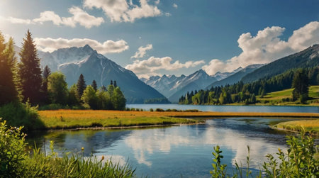 A scenic valley with a winding river flowing through it.